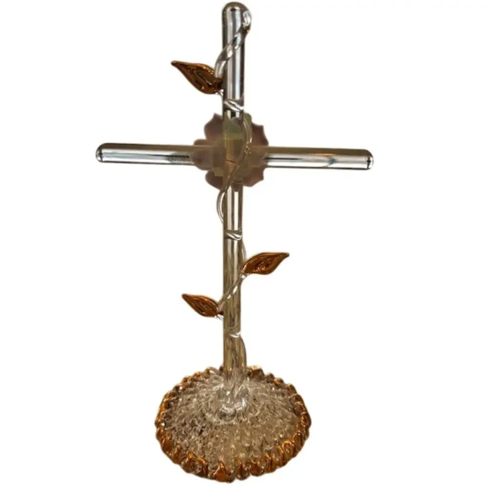 Glass CROSS w/Porcelain‎ Pink Rose and Gold Leaves - Handblown and Knitted Glass